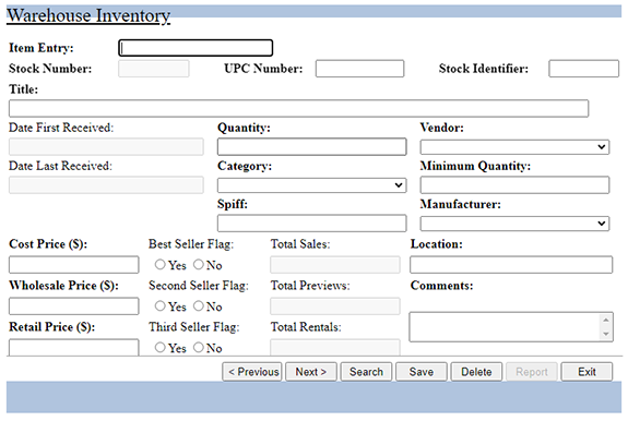 Warehouse inventory screen in the xPOSe POS software web-based back office